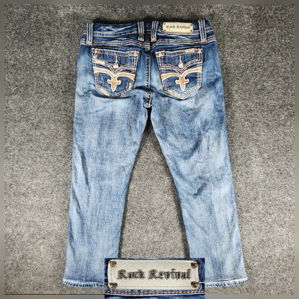 Rock Revival Ligeia Easy Crop Thick‎ Stitch Blue Jeans Women's Size 30 Fit 32x26